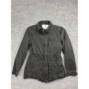 Wenven Jacket Women's Small Black Canvas Full Zip Military Cinch Waist Pockets